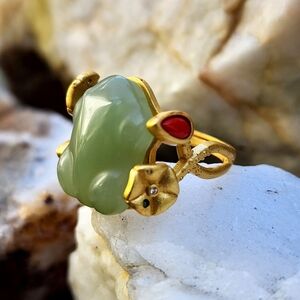 Vintage Jewelry Green Jade Frog Gold Ring Animal Gift For Frog Lovers